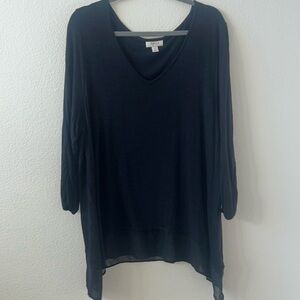 Style and co. Black 3/4 sleeve v neck blouse with sheer shark bite style hem. 2x